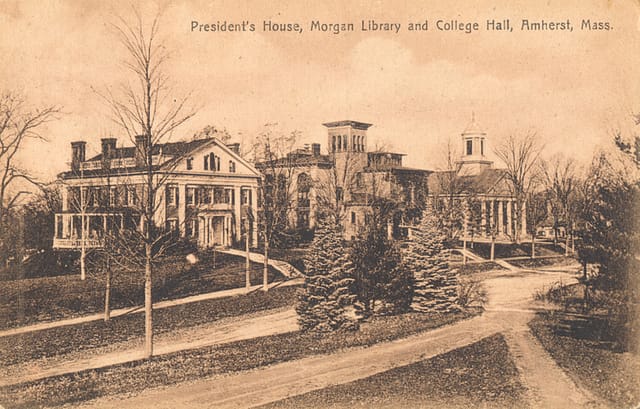 1922 postcard showing President's House, Morgan Library, and College Hall, Amherst College, Amherst, Mass.